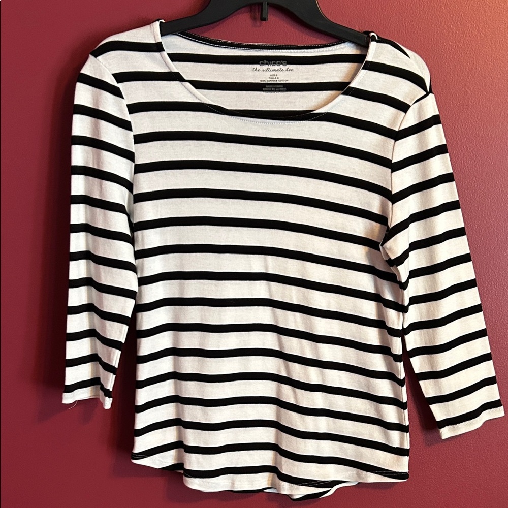 Chico's Ultimate Black and White Striped 3/4 length Sleeve Shirt